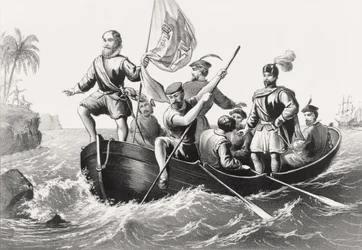 Christopher Columbus setting foot in San Salvador October 12, 1492